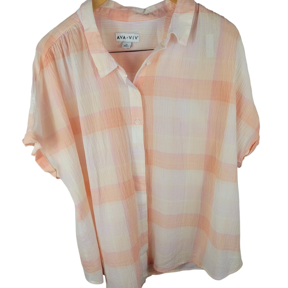Ava Viv plaid button down 2X orange white short sleeve
